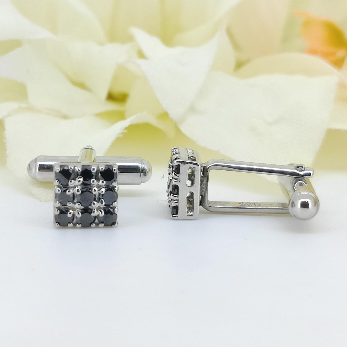 Sterling Silver Black Cubic Zirconia Cufflinks, Square Cut Formal Jewelry