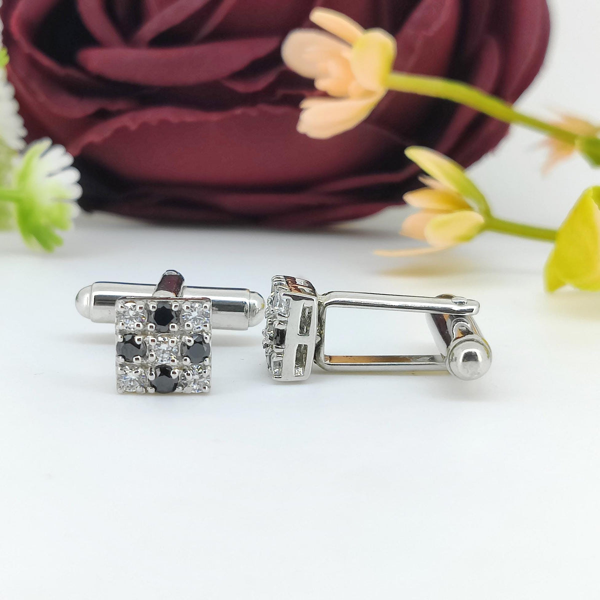 Sterling Silver Black White Cubic Zirconia Square Cufflinks, Formal Men's Tuxedo Accessories
