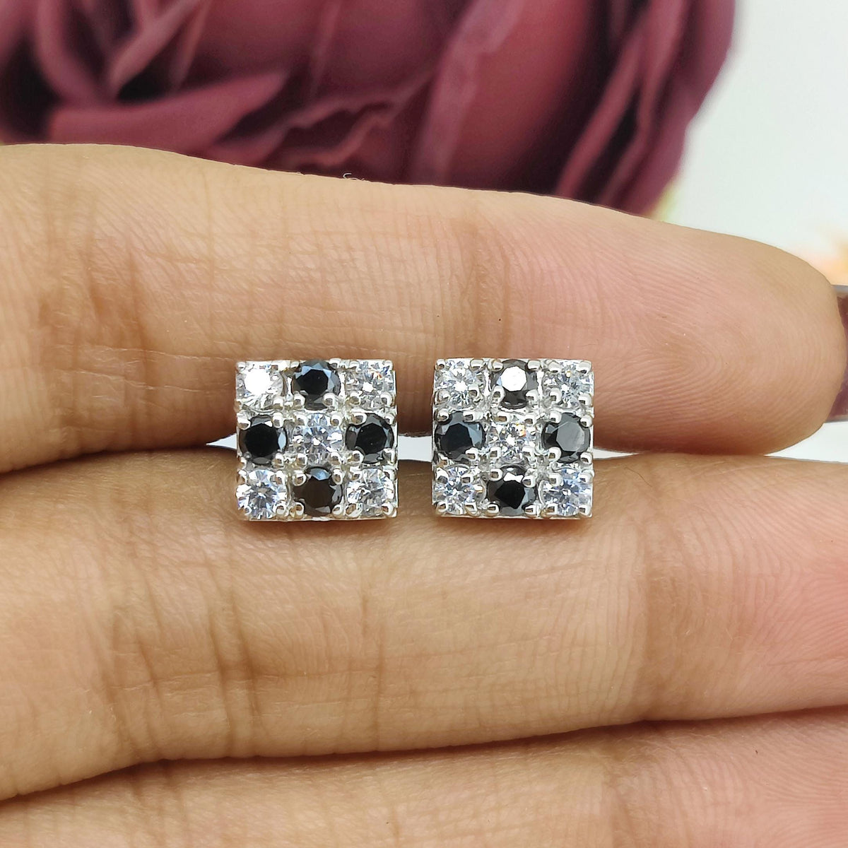 Sterling Silver Black White Cubic Zirconia Square Cufflinks, Formal Men's Tuxedo Accessories