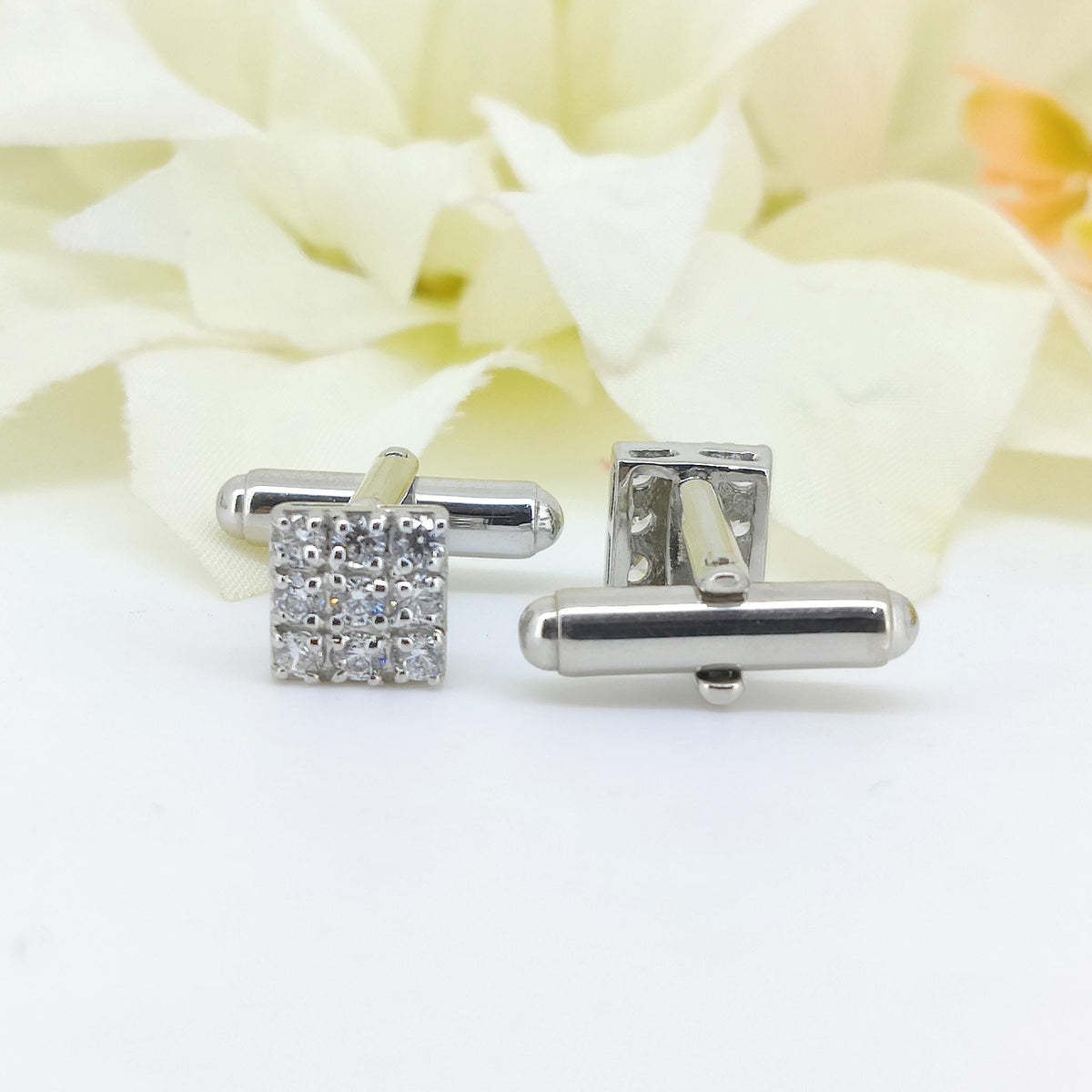White Cubic Zircon Cufflinks-925 Sterling Silver Jewelry-Round Zircon-Square Cut Cufflinks-Minimalist Handmade Jewelry-Men's Accessories