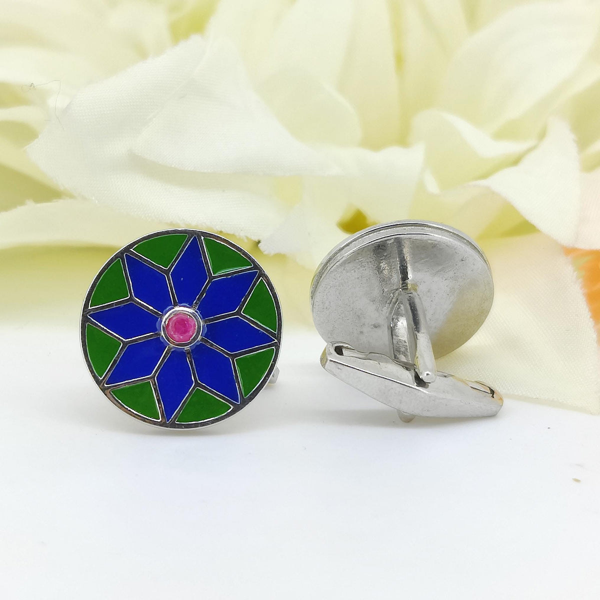 Natural Ruby Enamel Sterling Silver Cufflinks, July Birthstone Flower Jewelry