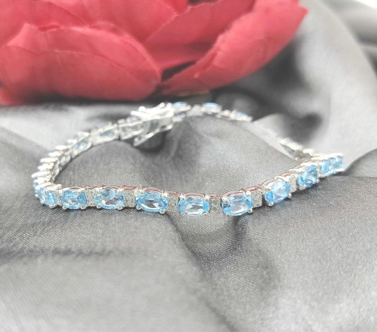 Swiss Blue Topaz Tennis Bracelet, December Birthstone, Sterling Silver, Oval Gemstone Jewelry