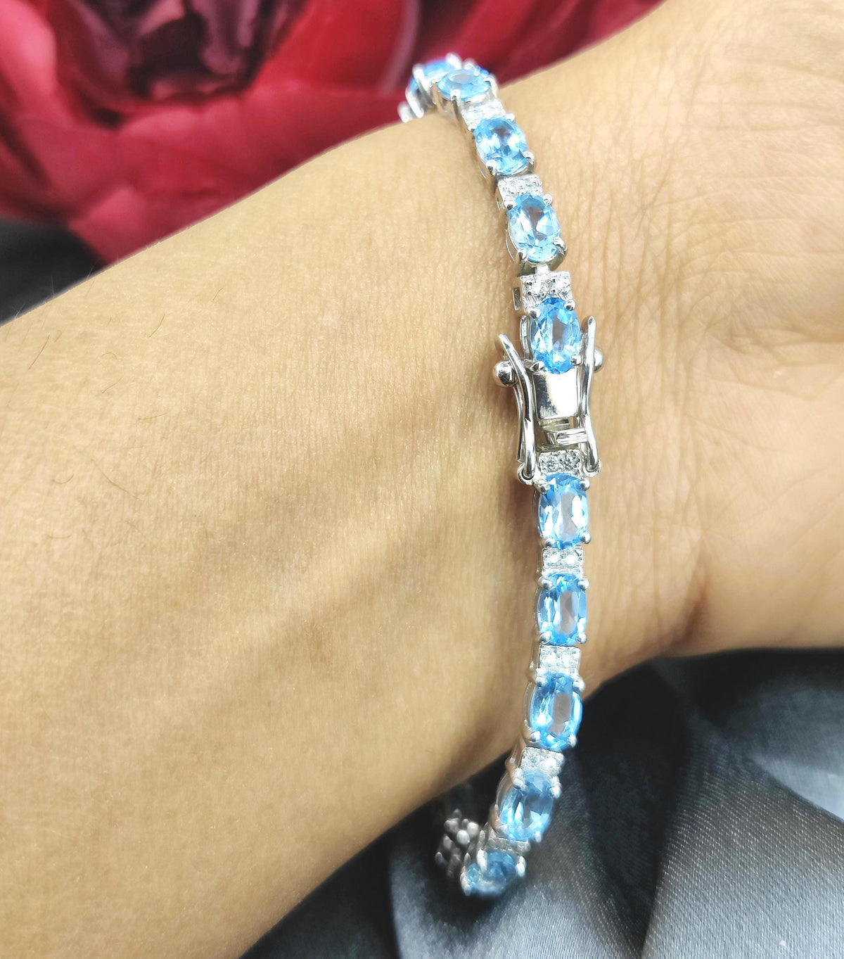 Swiss Blue Topaz Tennis Bracelet, December Birthstone, Sterling Silver, Oval Gemstone Jewelry