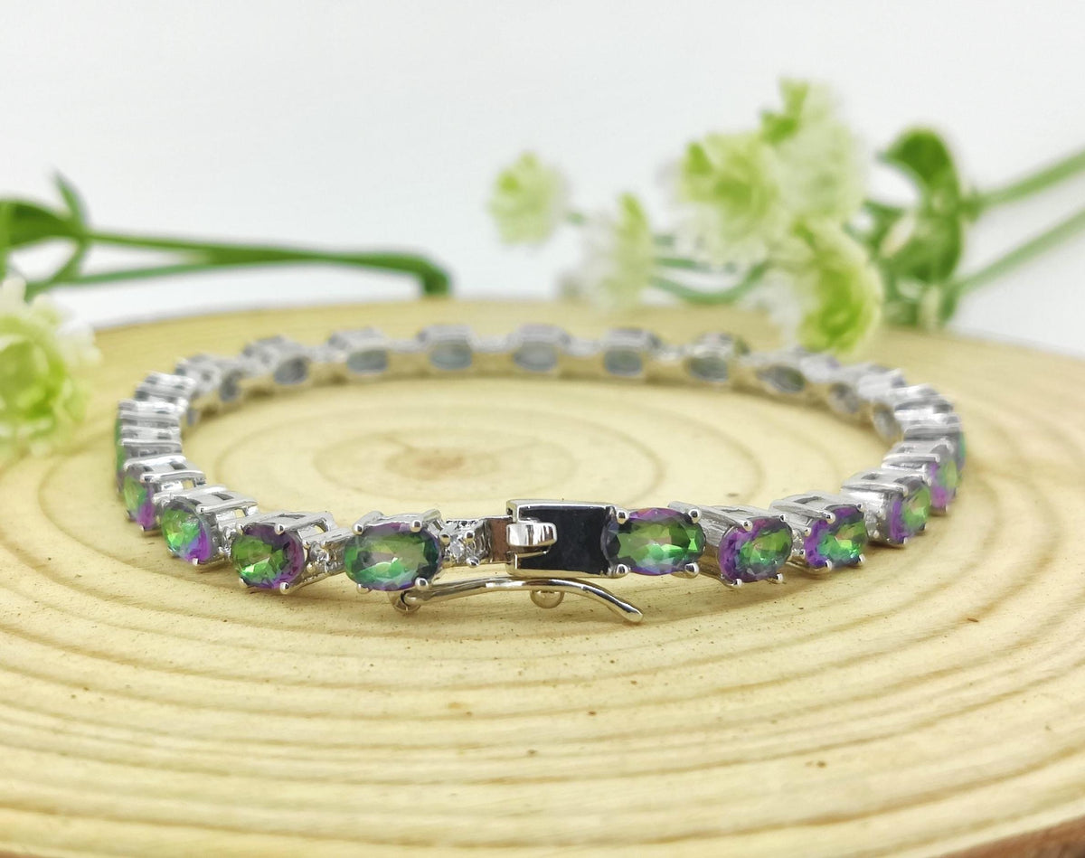 Oval Mystic Topaz Tennis Bracelet, 925 Sterling Silver, Rainbow Gemstone Jewelry