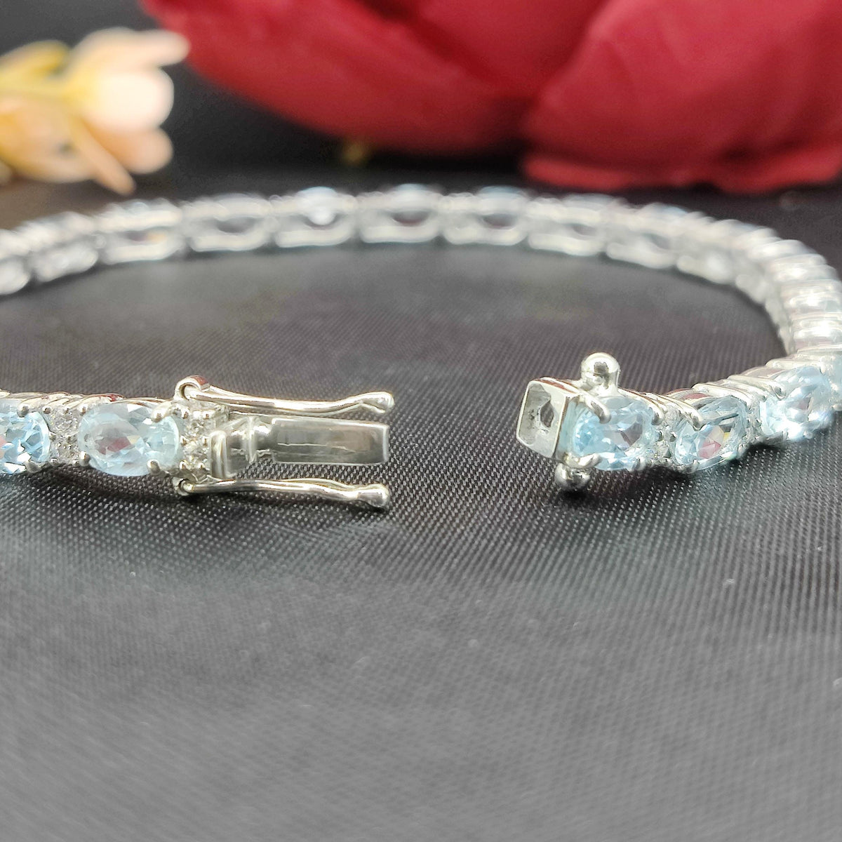 Oval Blue Topaz Tennis Bracelet, Sterling Silver, December Birthstone, Anniversary Gift Her