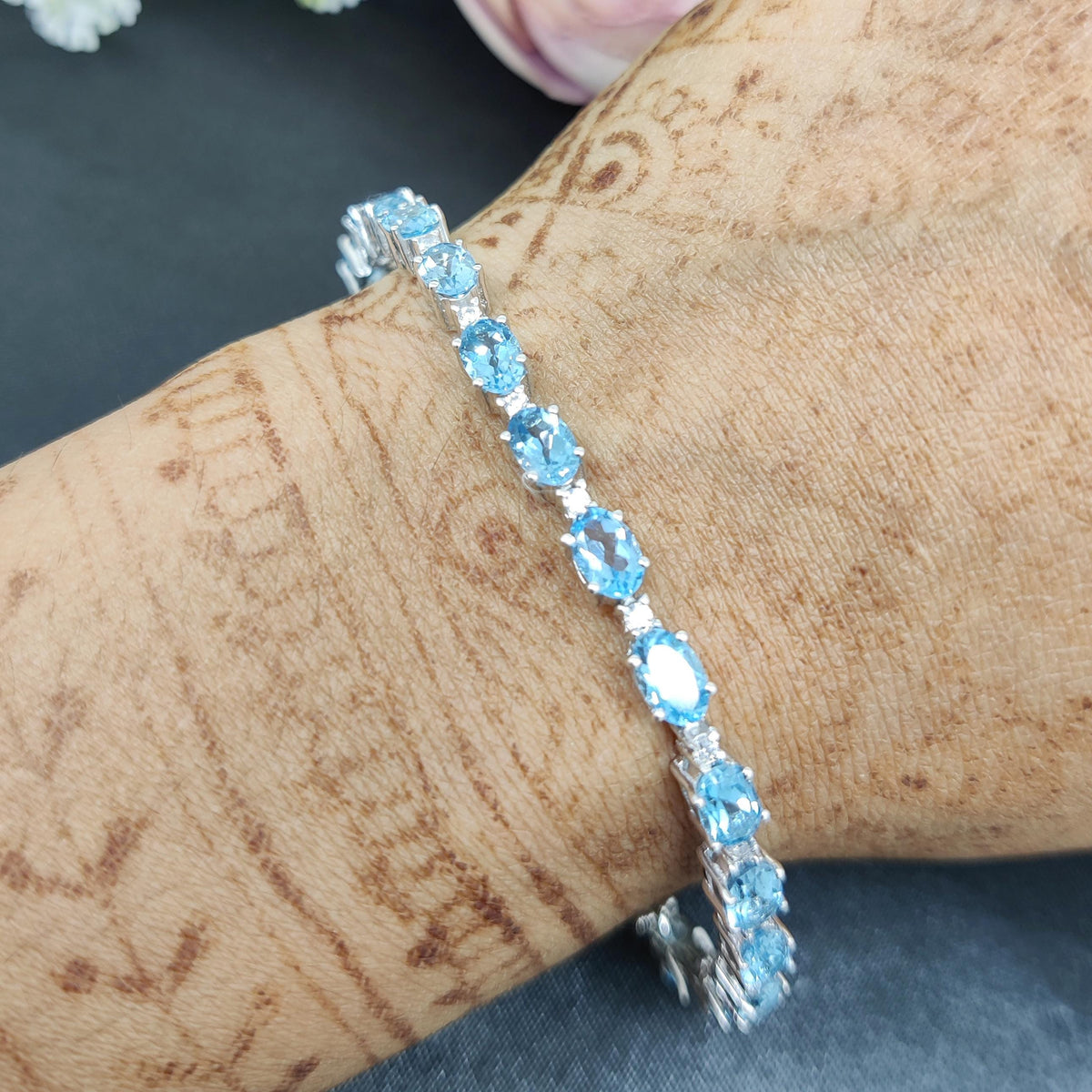 Oval Swiss Blue Topaz Tennis Bracelet, 925 Sterling Silver, December Birthstone