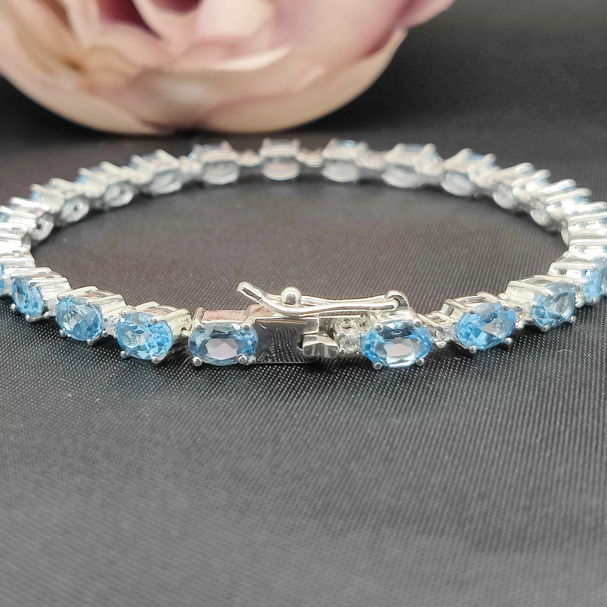 Oval Swiss Blue Topaz Tennis Bracelet, 925 Sterling Silver, December Birthstone