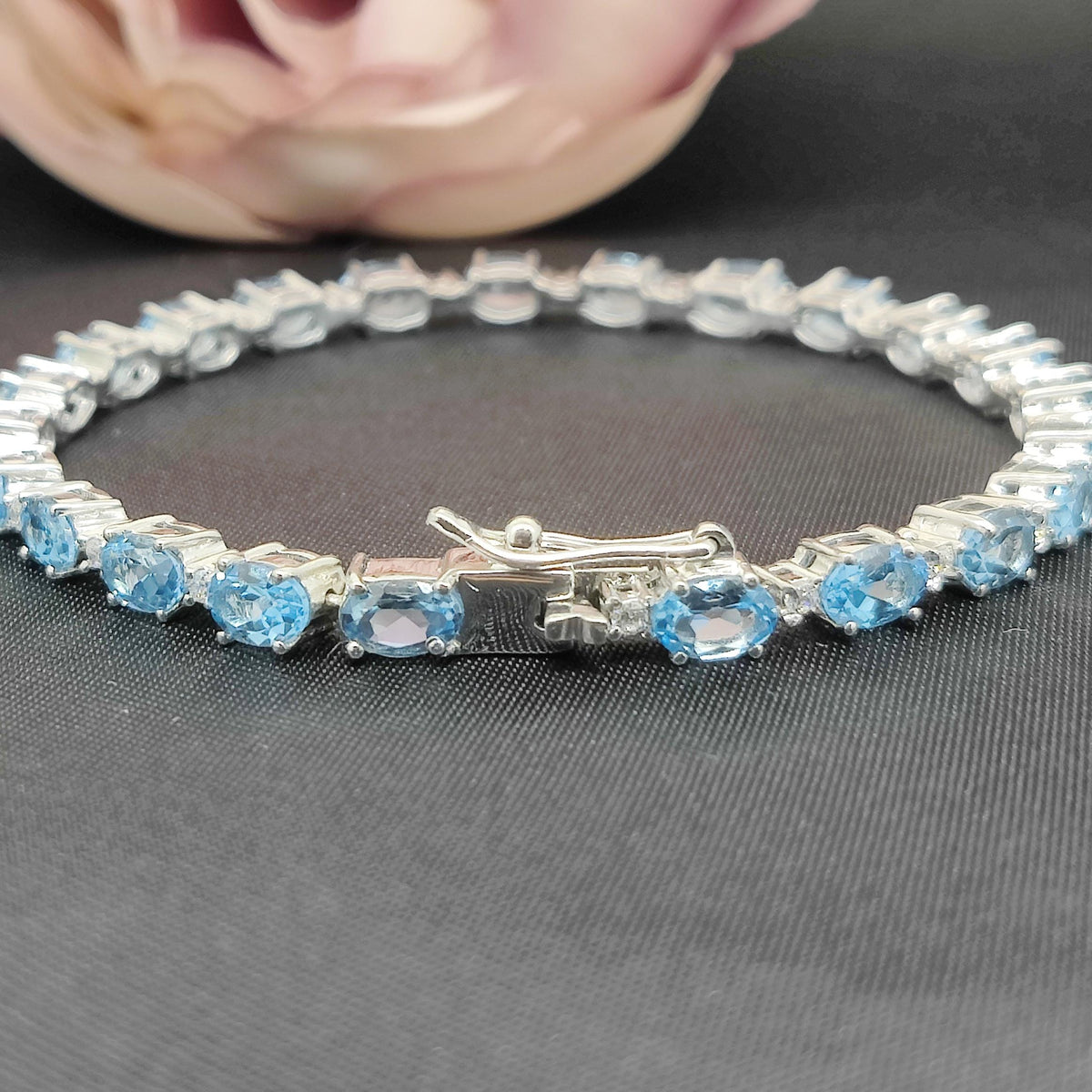 Natural Swiss Blue Topaz Tennis Bracelet, 925 Sterling Silver, December Birthstone, Bridal Jewelry