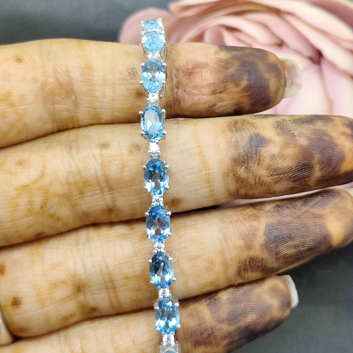Oval Swiss Blue Topaz Tennis Bracelet, 925 Sterling Silver, December Birthstone