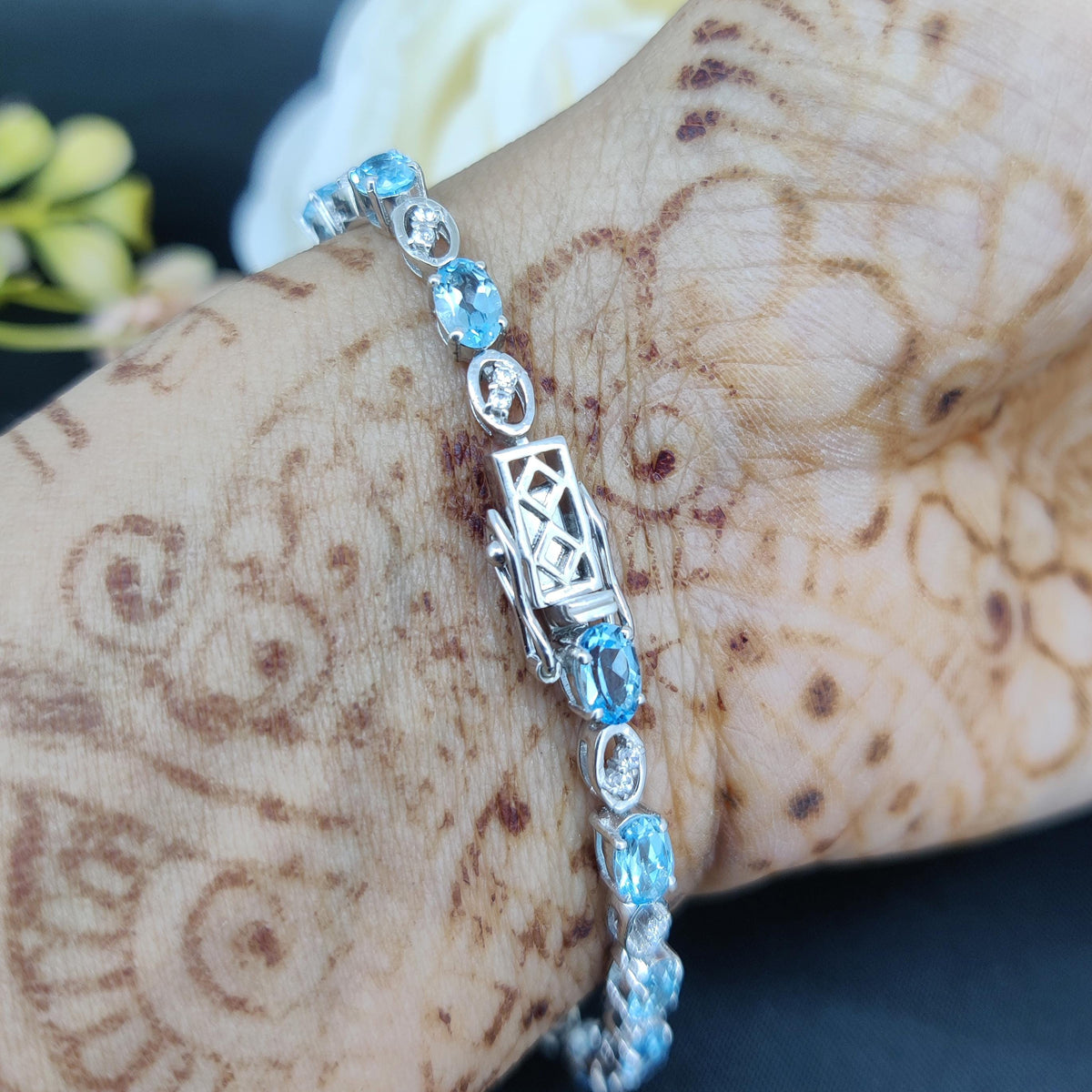 Oval Swiss Blue Topaz Tennis Bracelet, Sterling Silver, December Birthstone Jewelry