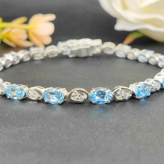 Oval Swiss Blue Topaz Tennis Bracelet, Sterling Silver, December Birthstone Jewelry
