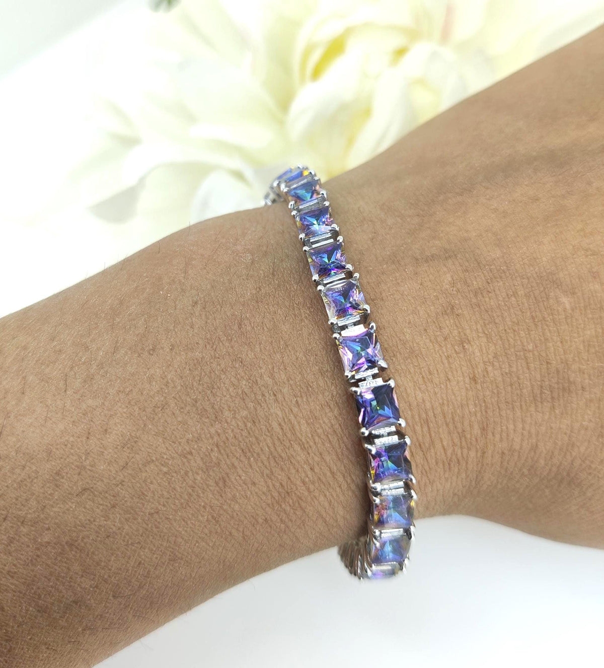Natural Mystic Topaz Tennis Bracelet-Square Gemstone-925 Sterling Silver Bracelet-Multi Stone-November Birthstone Jewelry-Gift for Birthday
