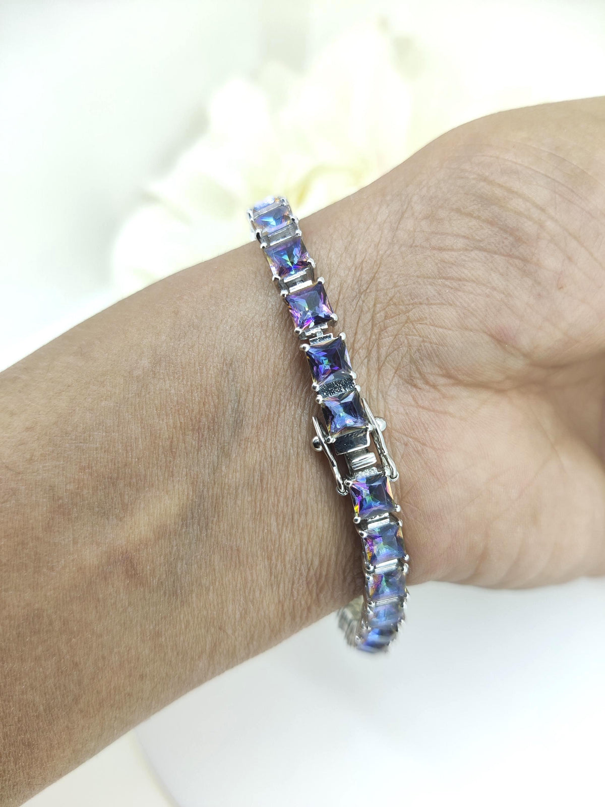 Natural Mystic Topaz Tennis Bracelet-Square Gemstone-925 Sterling Silver Bracelet-Multi Stone-November Birthstone Jewelry-Gift for Birthday