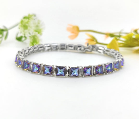 Natural Mystic Topaz Tennis Bracelet-Square Gemstone-925 Sterling Silver Bracelet-Multi Stone-November Birthstone Jewelry-Gift for Birthday