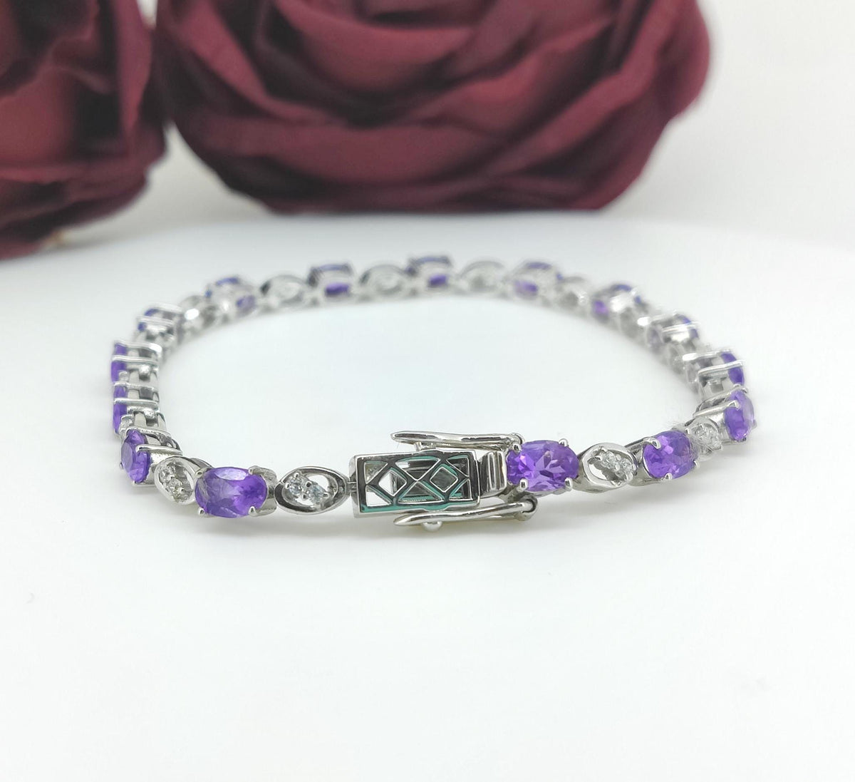 Amethyst Tennis Bracelet, 925 Sterling Silver, Oval Cut Gemstone Jewelry (6x4mm)