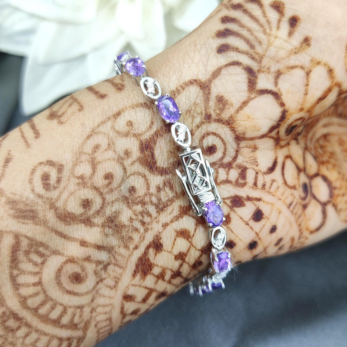 Amethyst Tennis Bracelet, 925 Sterling Silver, Oval Cut Gemstone Jewelry (6x4mm)