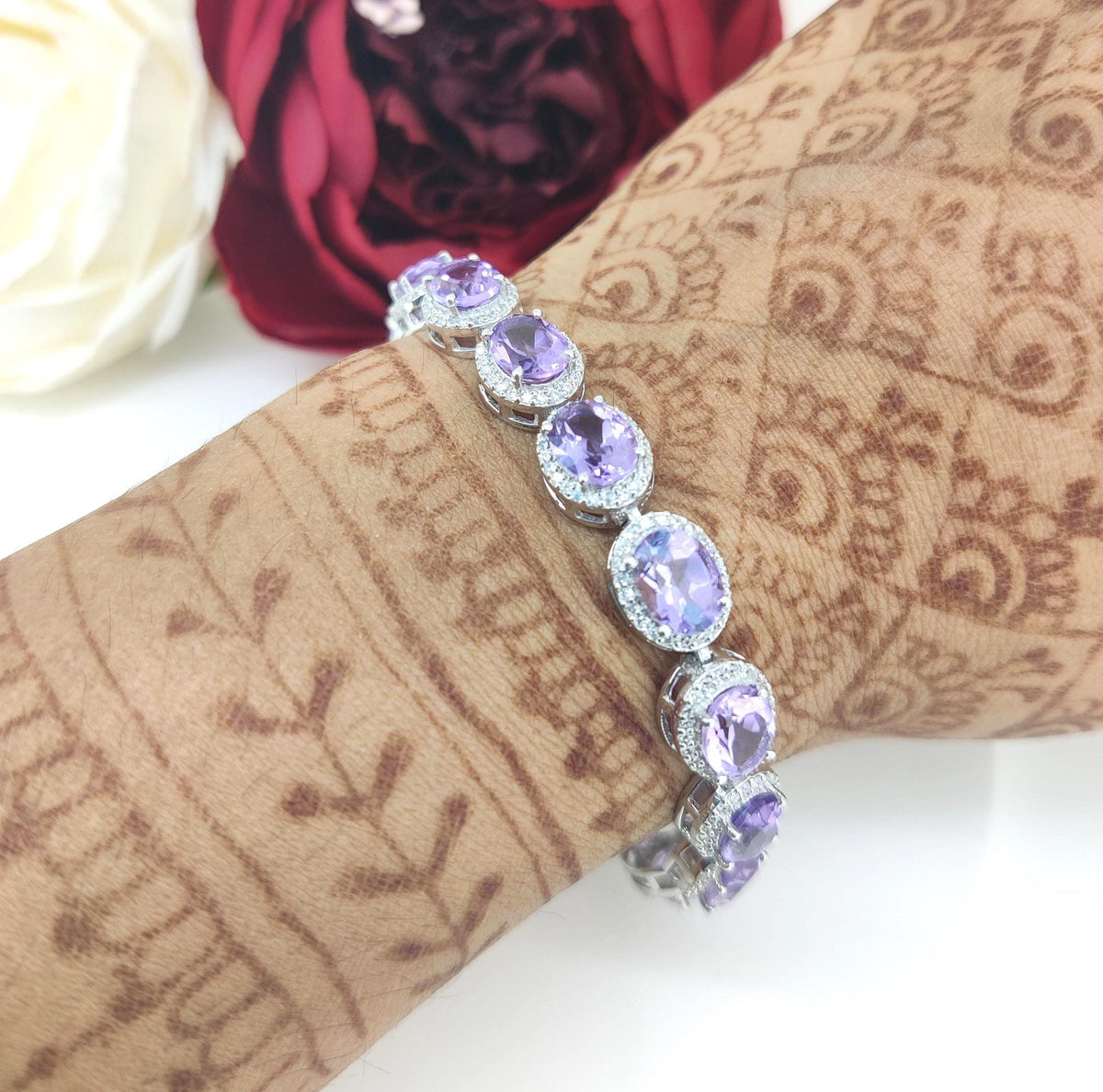 Amethyst Oval Gemstone Tennis Bracelet, 925 Sterling Silver, February Birthstone Jewelry