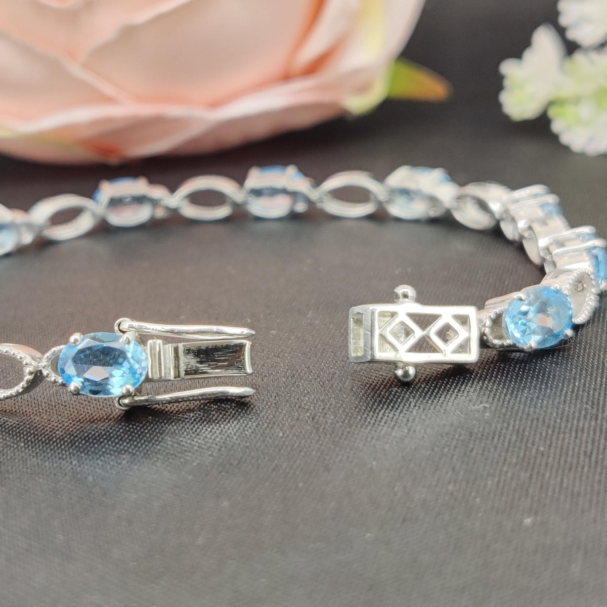 Natural Swiss Blue Topaz Tennis Bracelet, Sterling Silver, December Birthstone, Wedding Jewelry