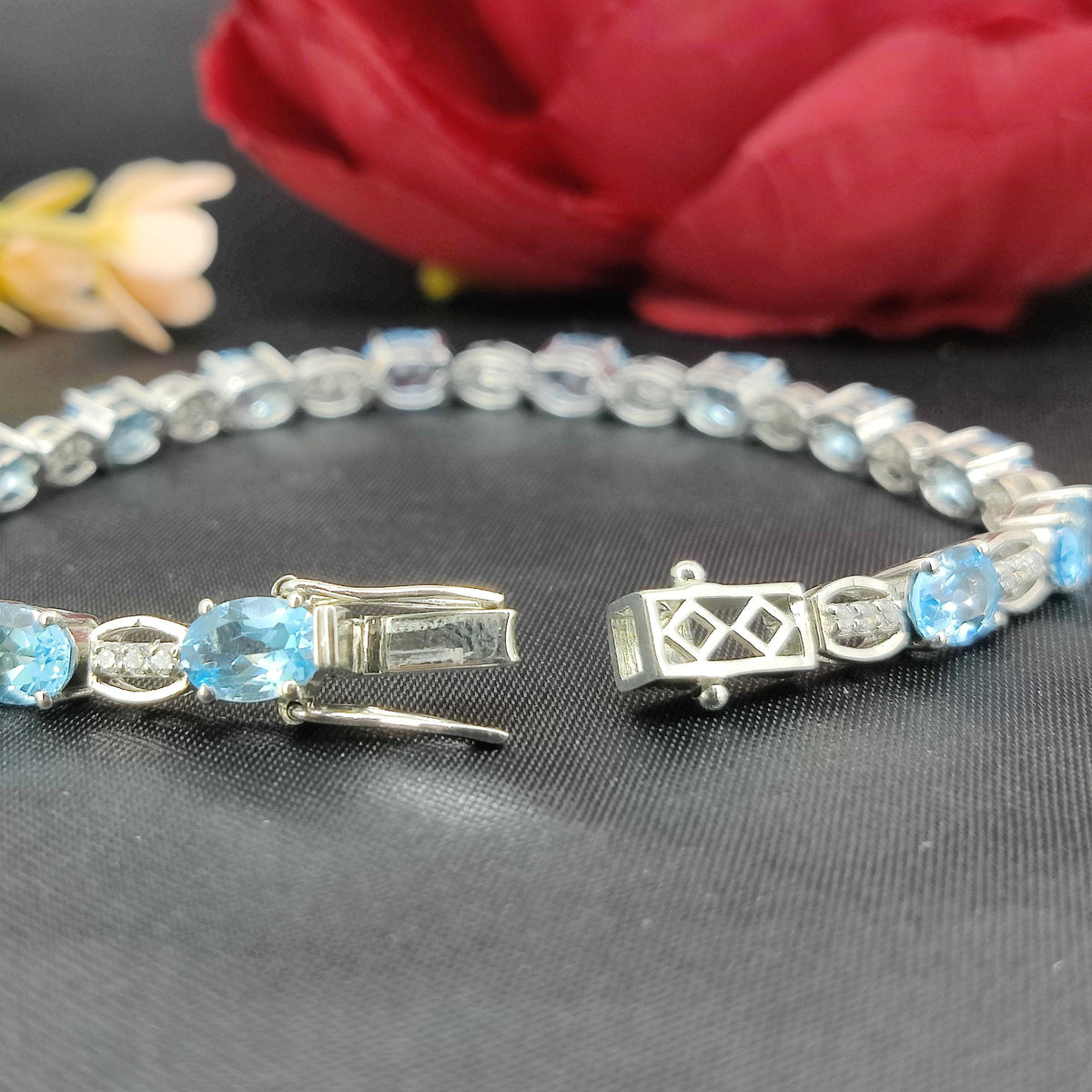 Oval Swiss Blue Topaz Tennis Bracelet, 925 Sterling Silver, December Birthstone, Bridal Jewelry