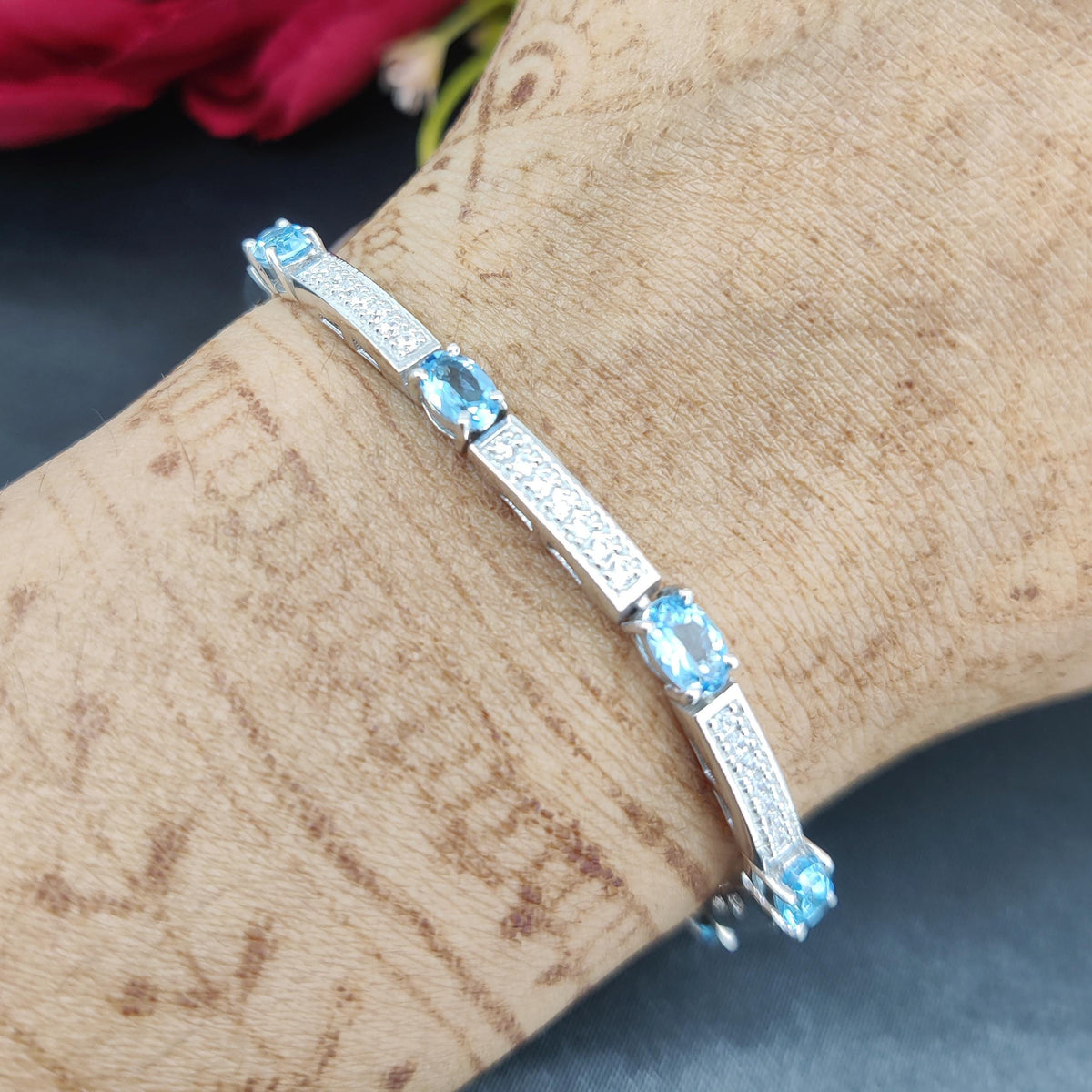 Natural Swiss Blue Topaz Tennis Bracelet, 925 Sterling Silver, December Birthstone Jewelry