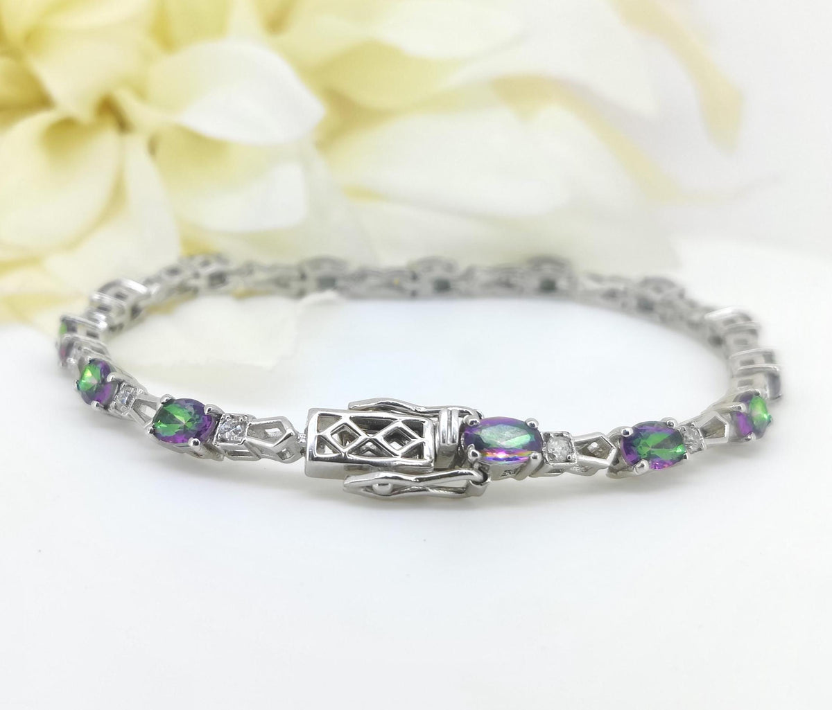 Oval Mystic Topaz Tennis Bracelet, Sterling Silver, November Birthstone, Anniversary Gift