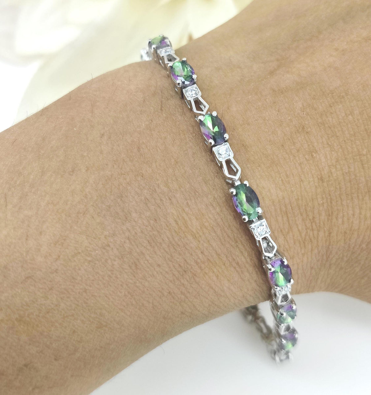 Oval Mystic Topaz Tennis Bracelet, Sterling Silver, November Birthstone, Anniversary Gift