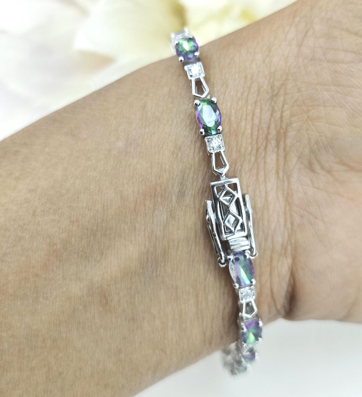 Oval Mystic Topaz Tennis Bracelet, Sterling Silver, November Birthstone, Anniversary Gift