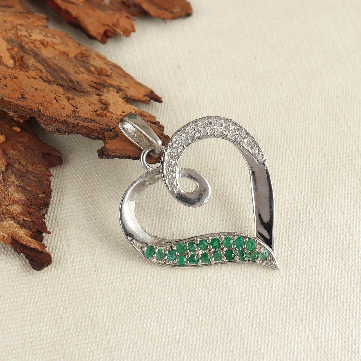 Sterling Silver Heart Pendant, Oval Emerald, May Birthstone Jewelry