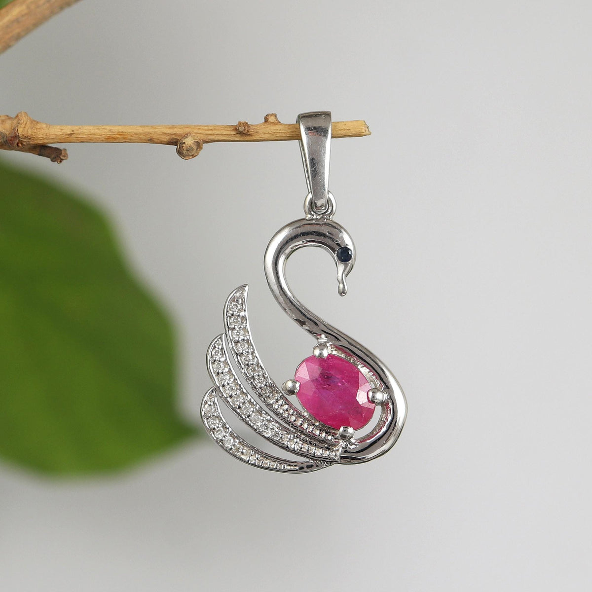 Genuine Ruby Gemstone Pendant: Handmade Swan Design Sterling Silver July Birthstone
