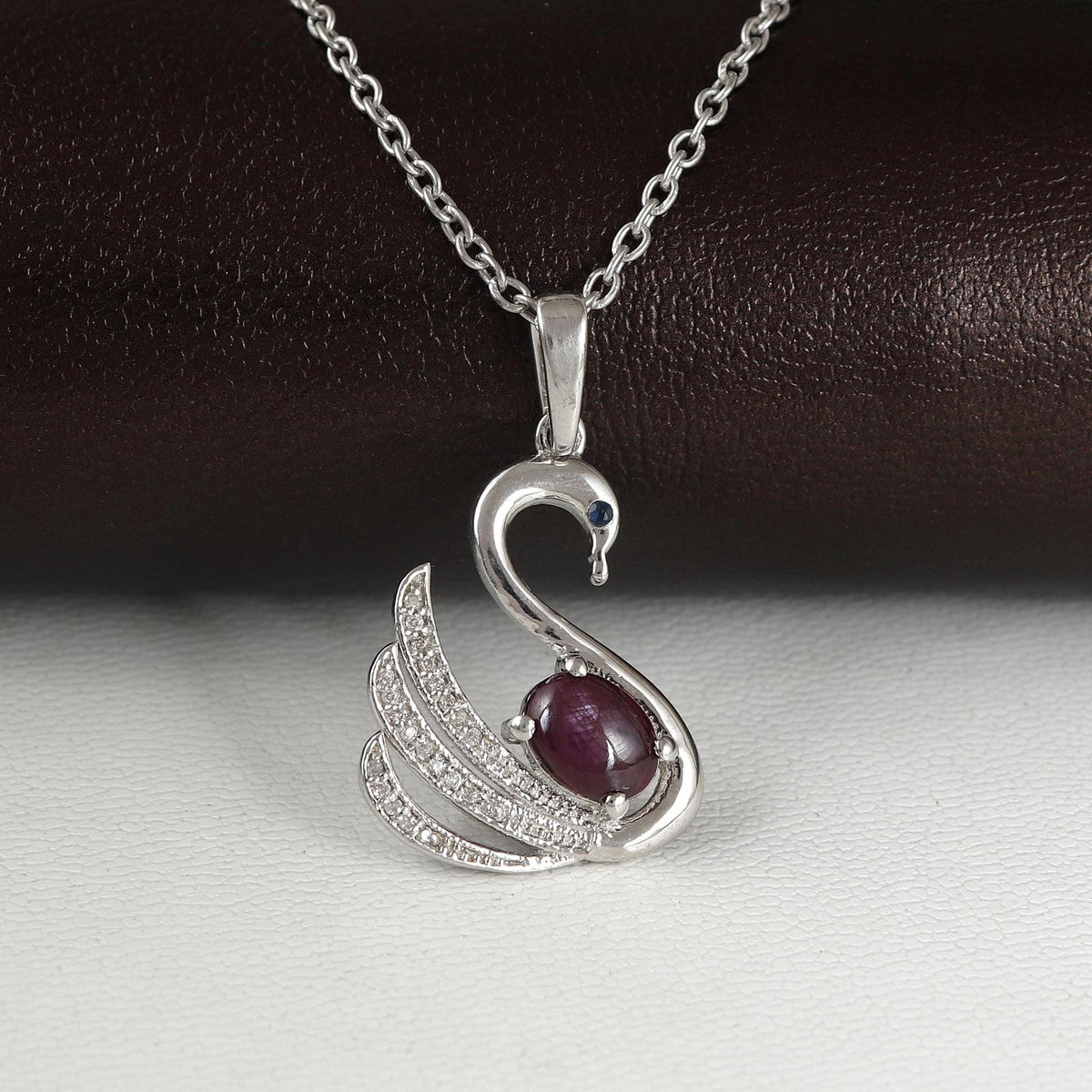 Star Ruby Swan Pendant: Sterling Silver Cubic Zircon Necklace
