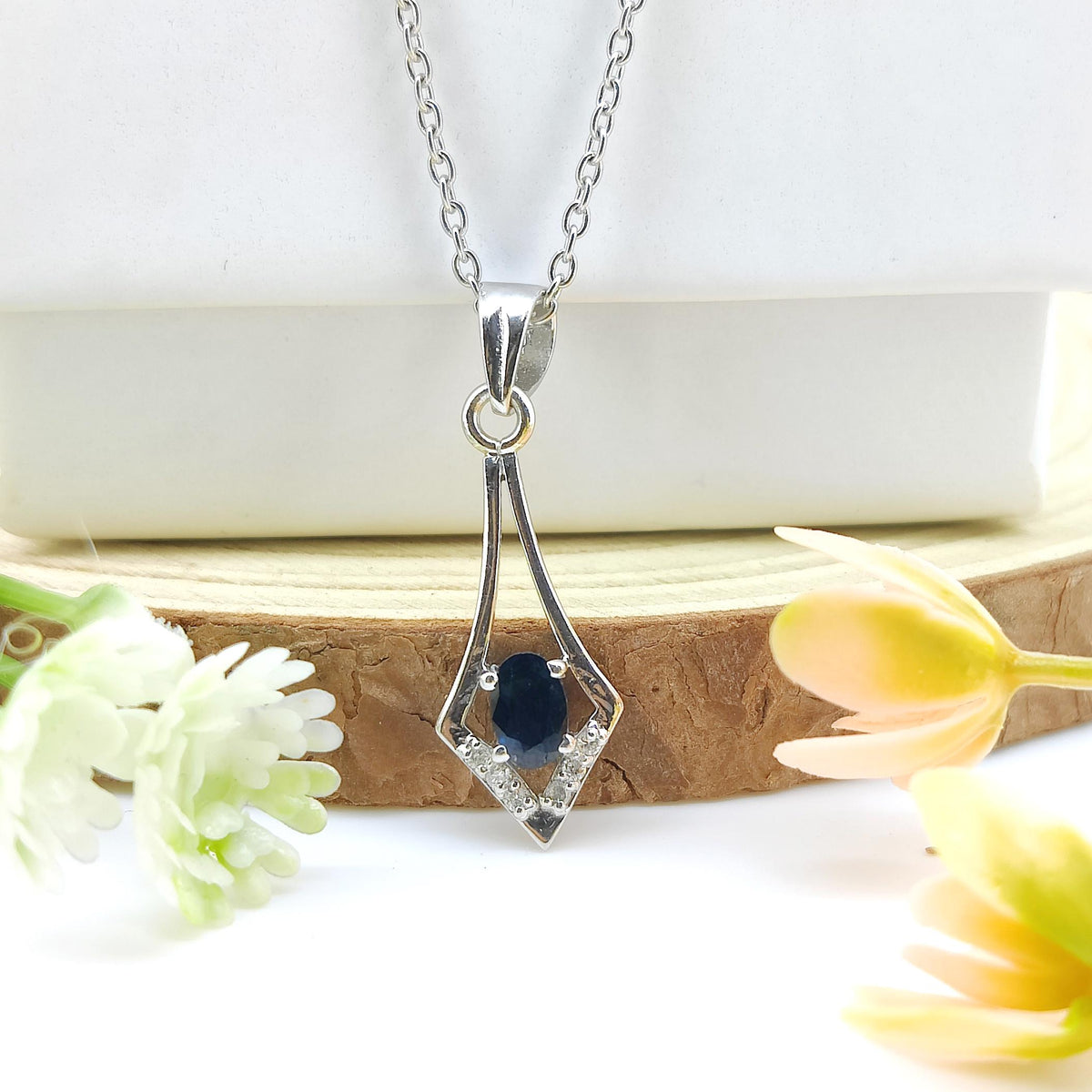 Natural Blue Sapphire Oval Pendant Necklace, 925 Sterling Silver, September Birthstone Charm
