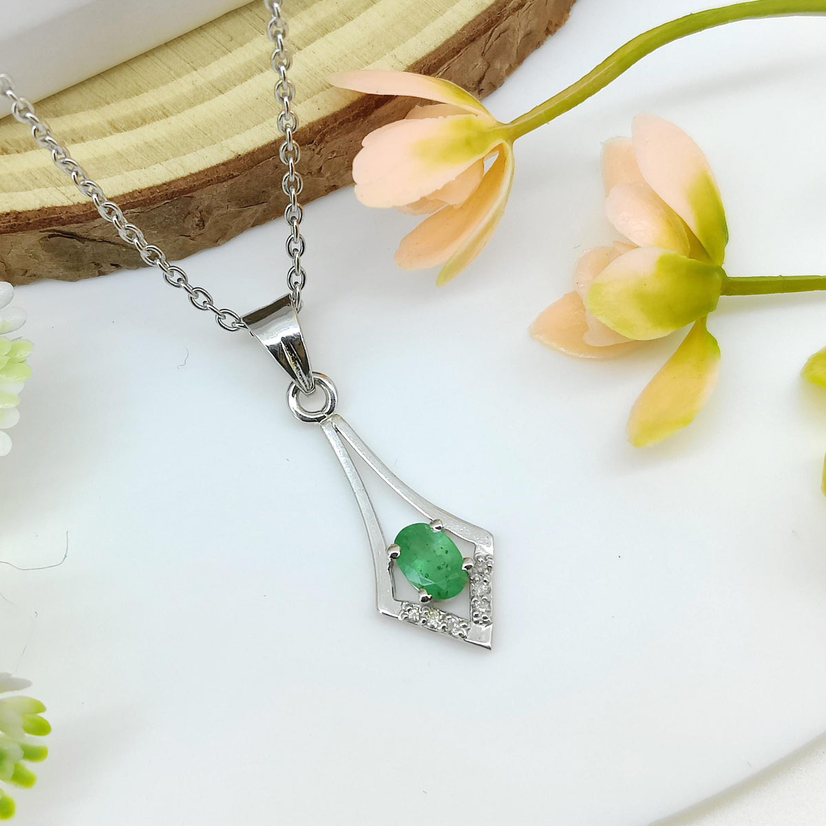 Oval Emerald Pendant, 925 Sterling Silver, May Birthstone, Wedding Charm Necklace