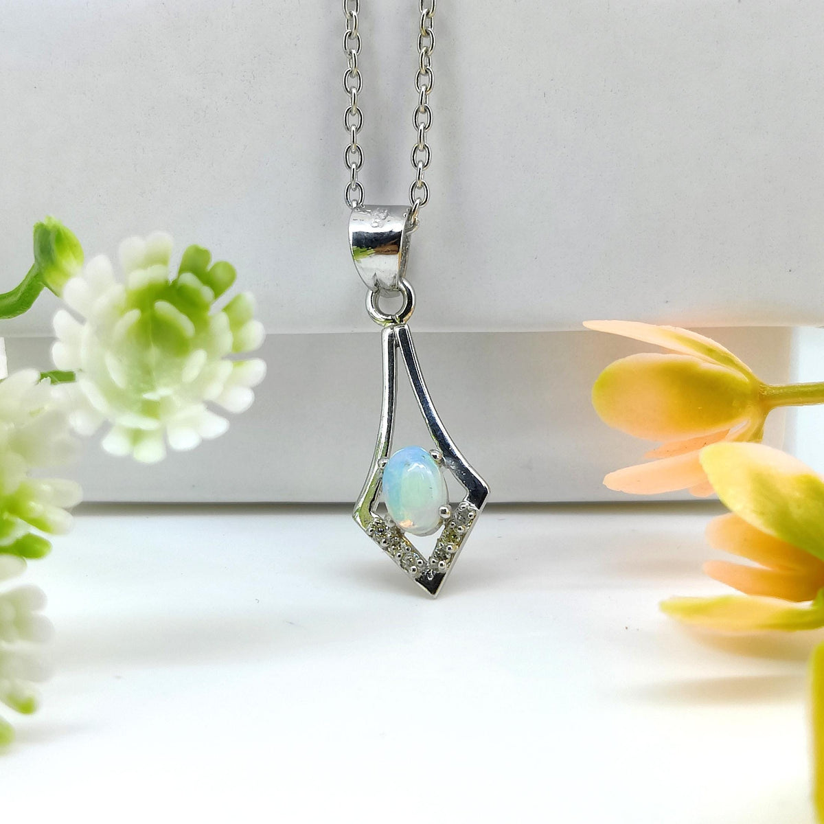 Natural Opal Oval Pendant, 925 Sterling Silver, October Birthstone Necklace