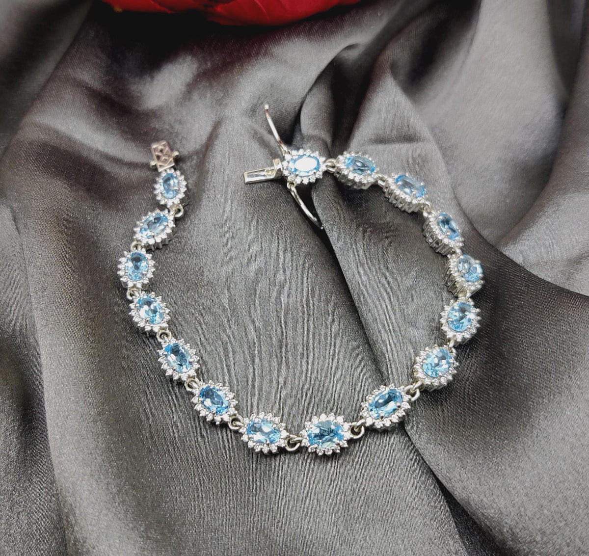 Sterling Silver Swiss Blue Topaz Tennis Bracelet, December Birthstone, Oval Gemstone Jewelry