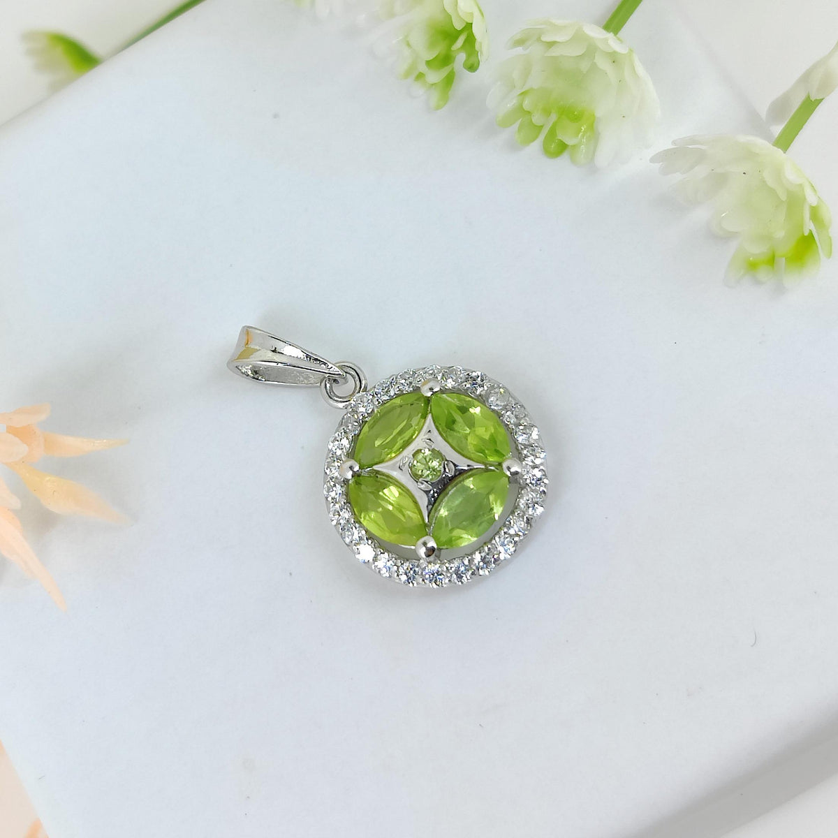 Natural Peridot Gemstone Pendant, Handmade Sterling Silver, August Birthstone , Cubic Zircon, Gift for her