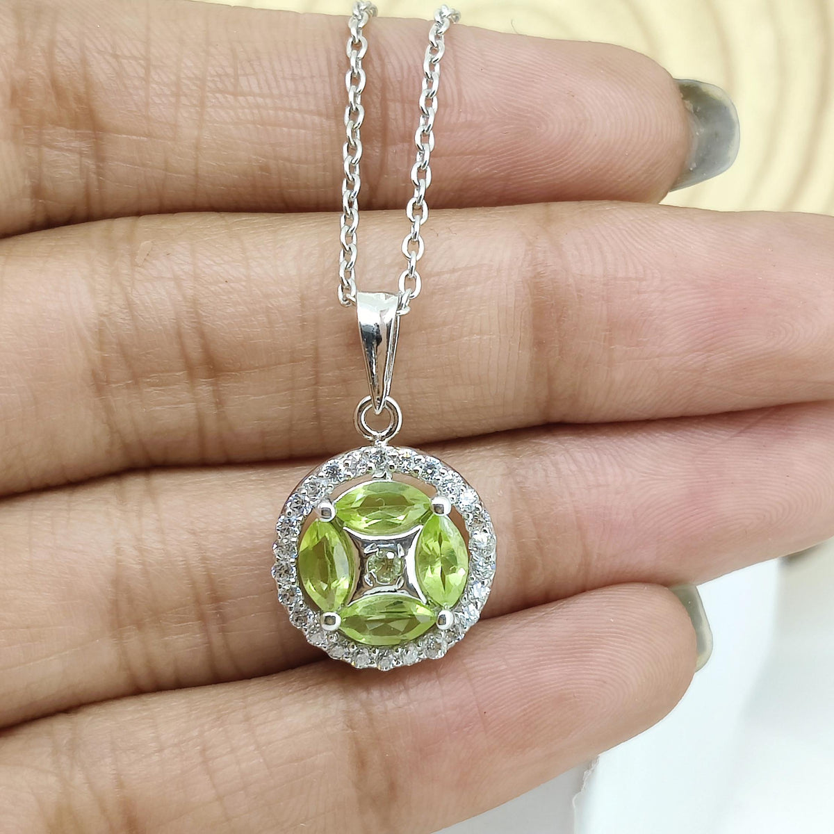 Natural Peridot Gemstone Pendant, Handmade Sterling Silver, August Birthstone , Cubic Zircon, Gift for her