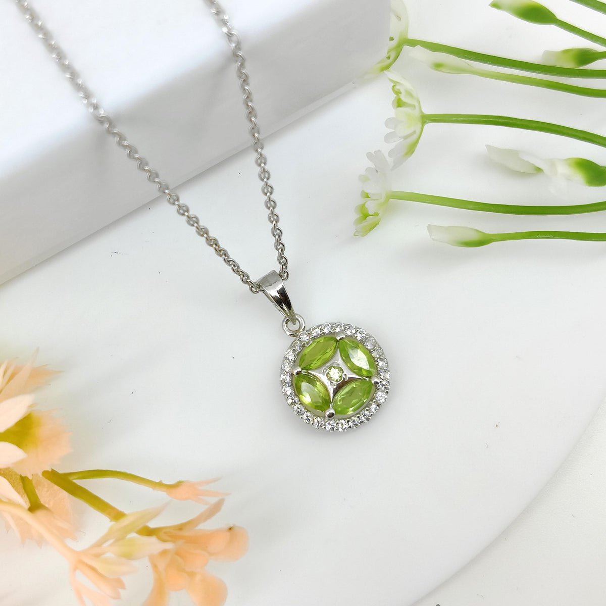Natural Peridot Gemstone Pendant, Handmade Sterling Silver, August Birthstone , Cubic Zircon, Gift for her