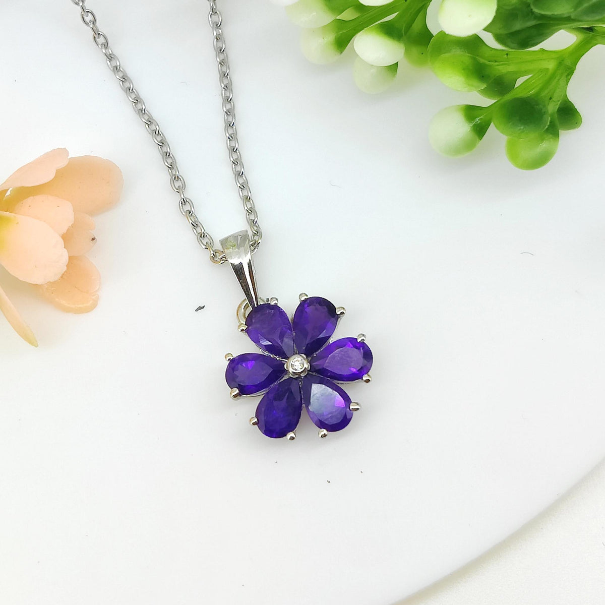 Handmade Sterling Silver Flower Amethyst Pendant, February Birthstone