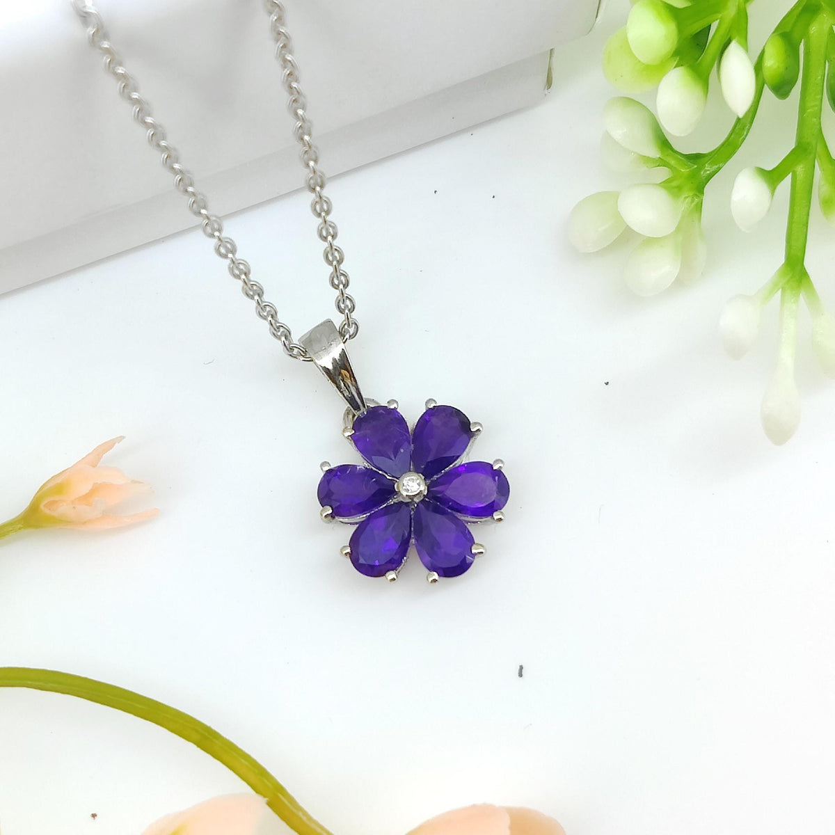 Handmade Sterling Silver Flower Amethyst Pendant, February Birthstone
