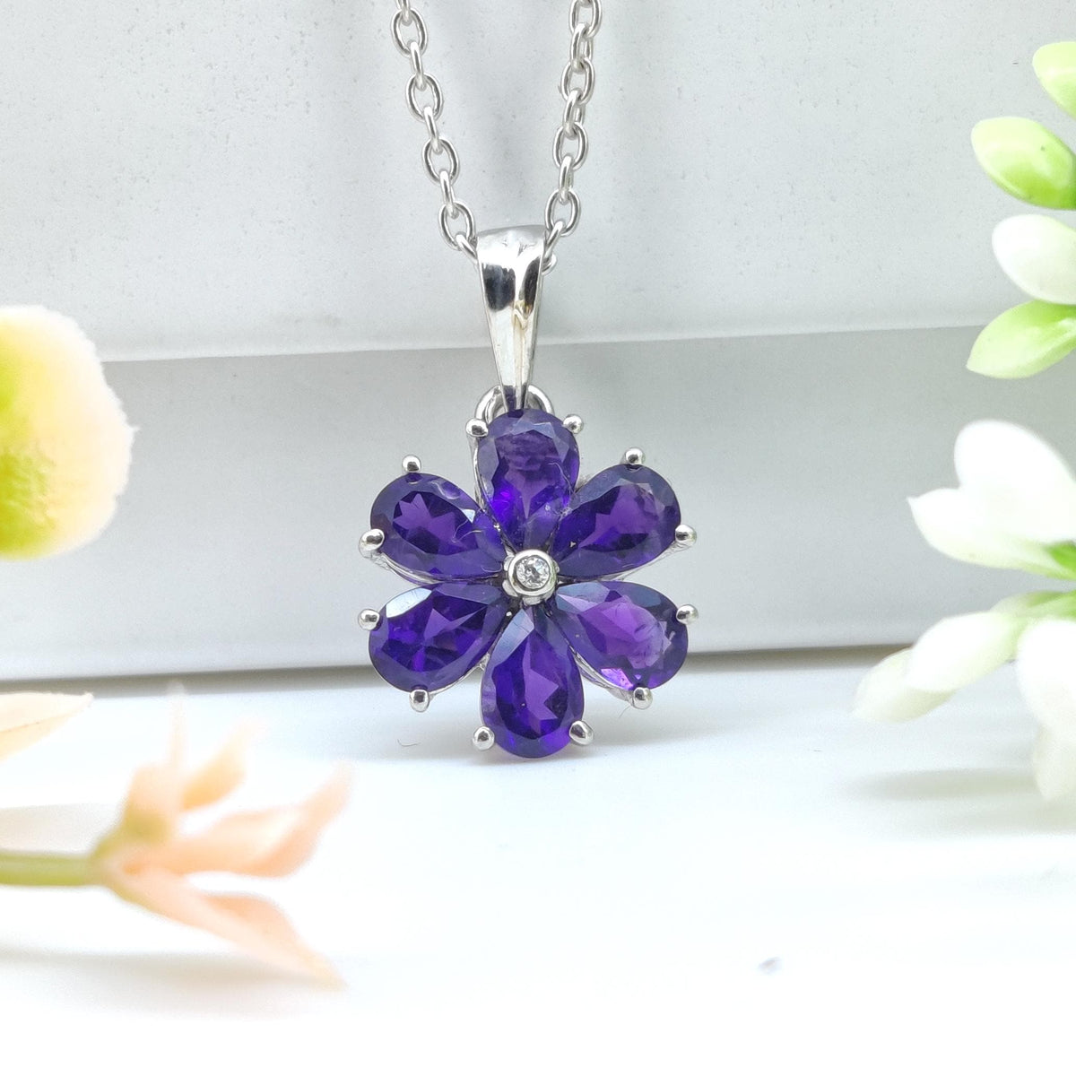 Handmade Sterling Silver Flower Amethyst Pendant, February Birthstone