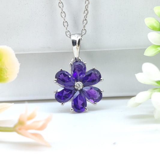Handmade Sterling Silver Flower Amethyst Pendant, February Birthstone