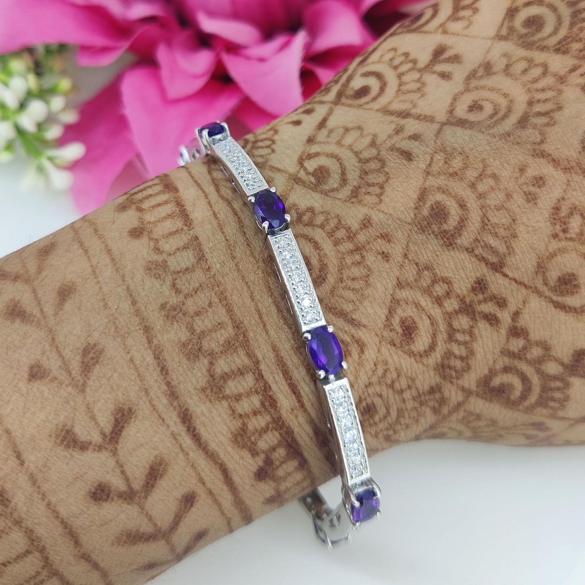 Natural Amethyst Tennis Bracelet, 925 Sterling Silver, February Birthstone Jewelry