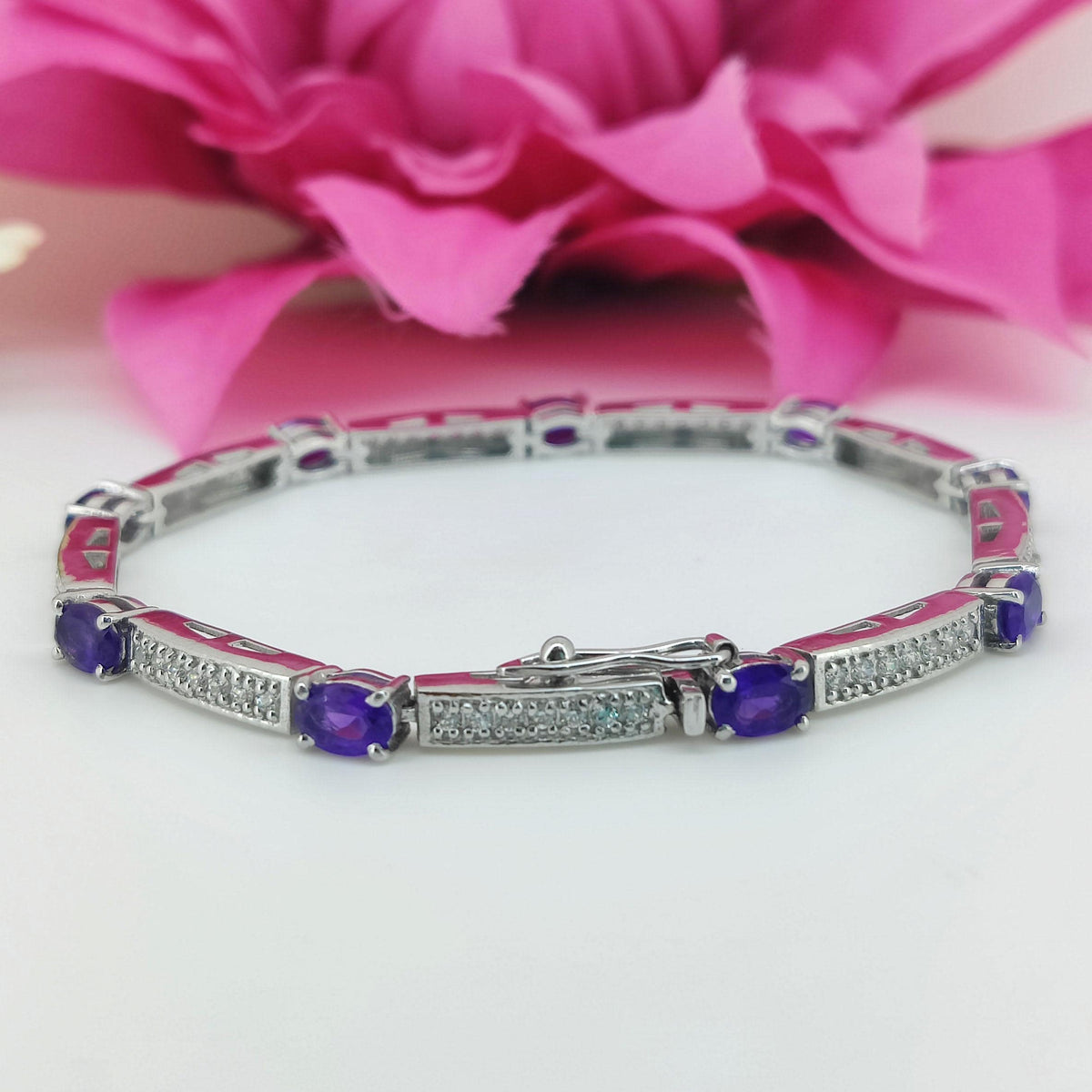 Natural Amethyst Tennis Bracelet, 925 Sterling Silver, February Birthstone Jewelry