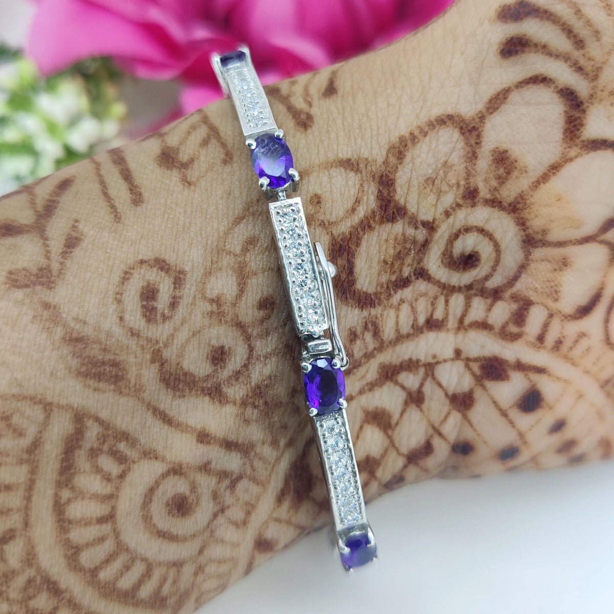 Natural Amethyst Tennis Bracelet, 925 Sterling Silver, February Birthstone Jewelry