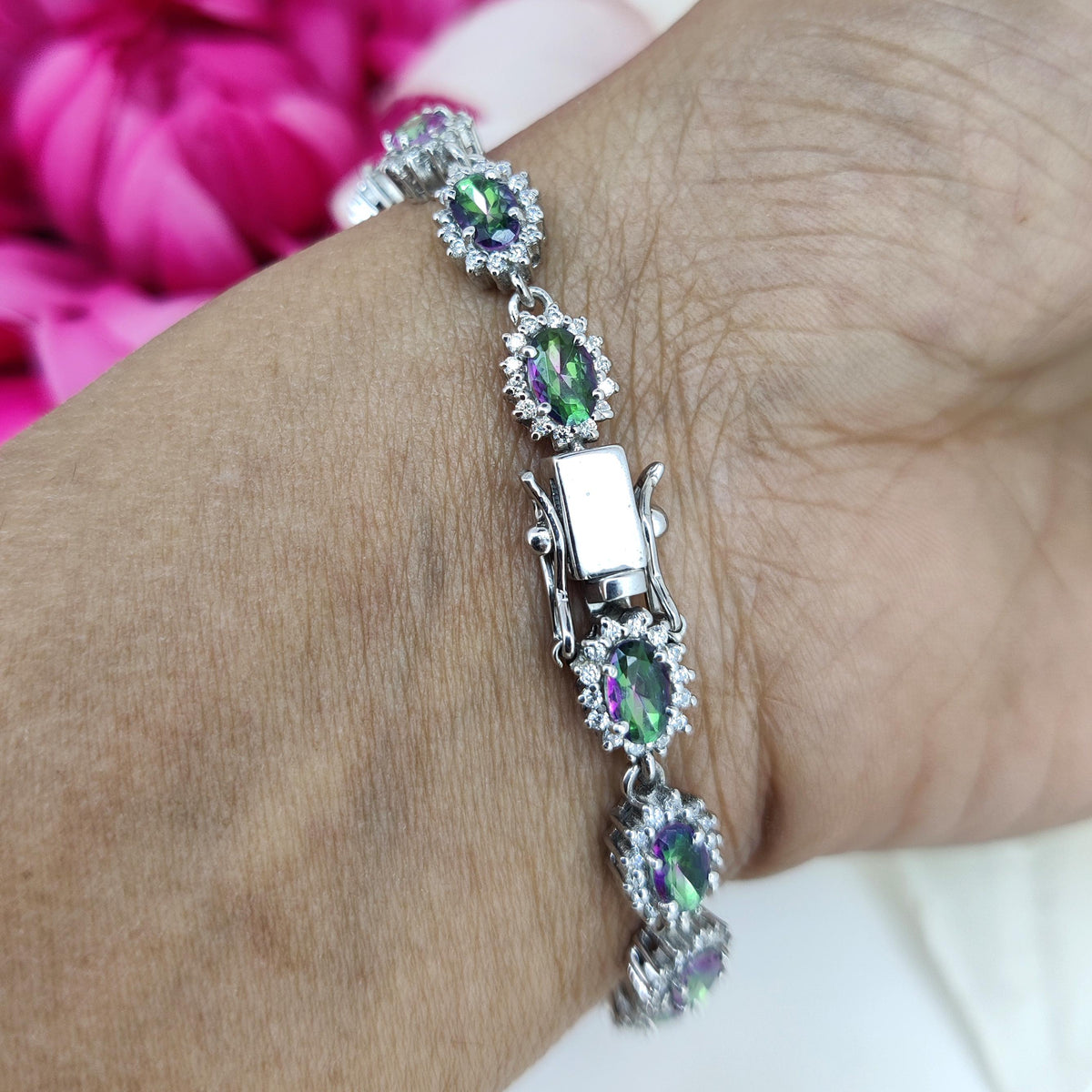 Oval Mystic Topaz Tennis Bracelet, Sterling Silver, November Birthstone, Multi Stone Jewelry