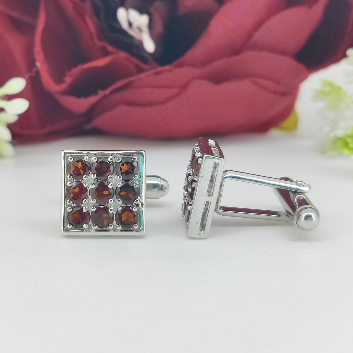 Garnet Cufflinks: 925 Sterling Silver, Square Red Gemstone