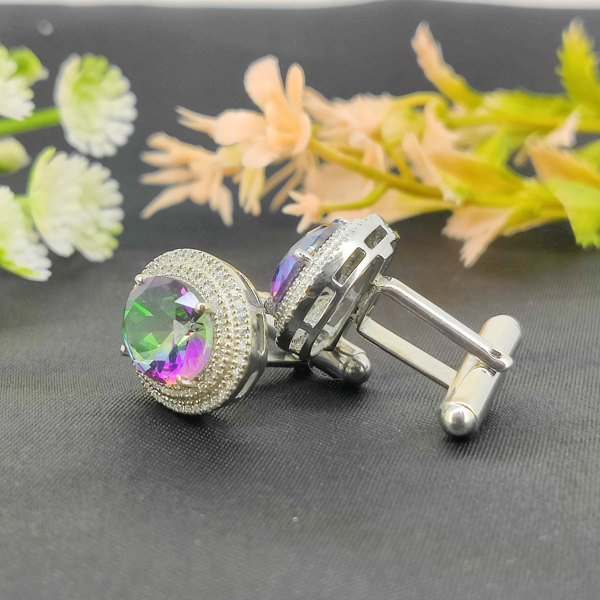 Natural Mystic Topaz Cufflinks-Multi Color Stone-925 Sterling Silver-November Birthstone-Gemstone Cluster Cufflinks-Mystic Topaz Jewelry