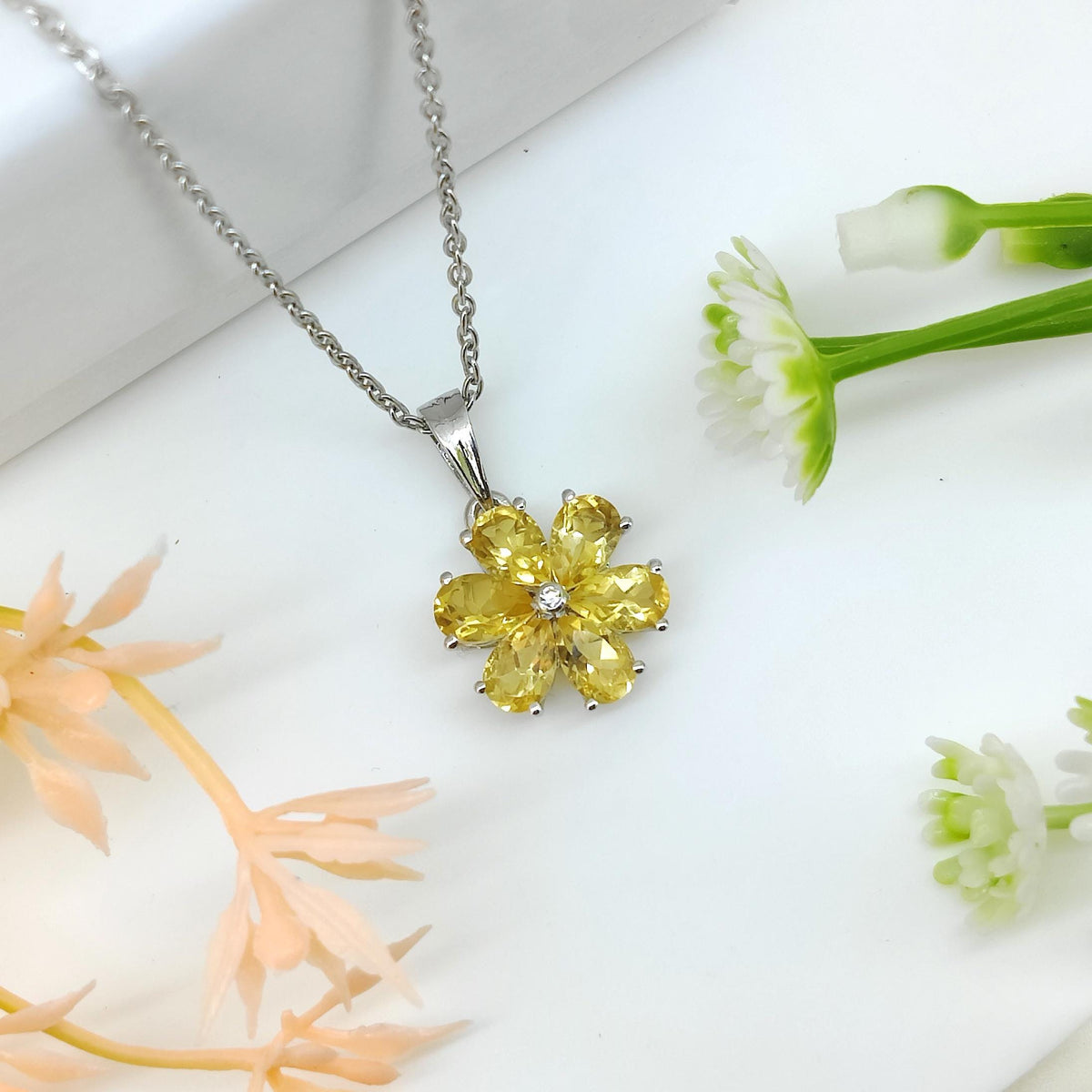 Natural Citrine Pendant-925 Sterling Silver Jewelry-November Birthstone-Pear Gemstone Flower Pendant-Handmade Jewelry-Gift for Anniversary