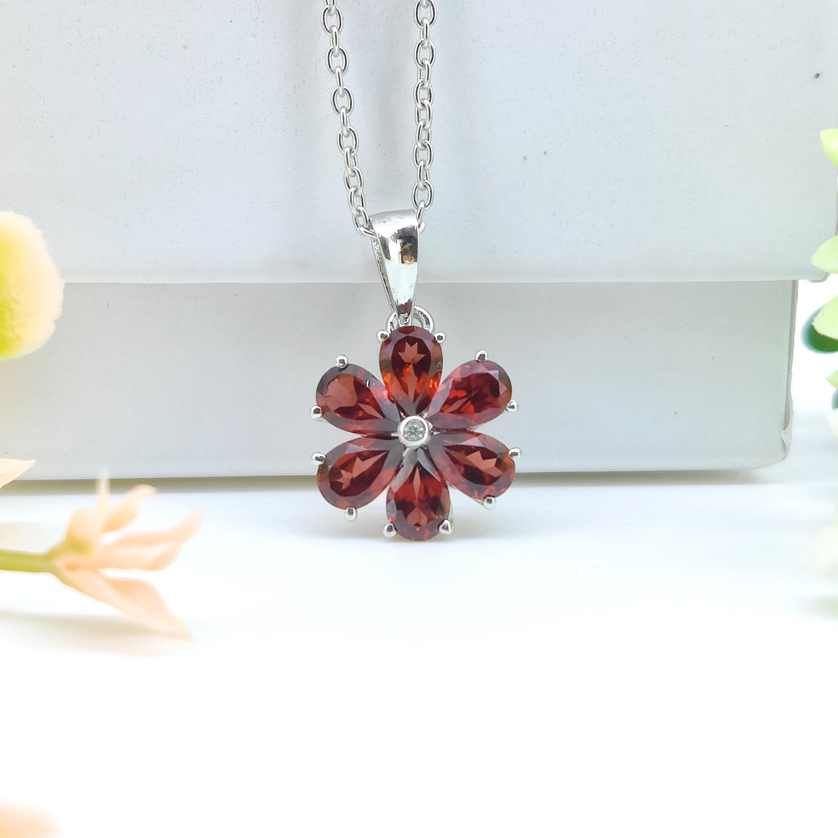 Handmade Sterling Silver Flower Garnet Pendant, January Birthstone, Gifts For Her