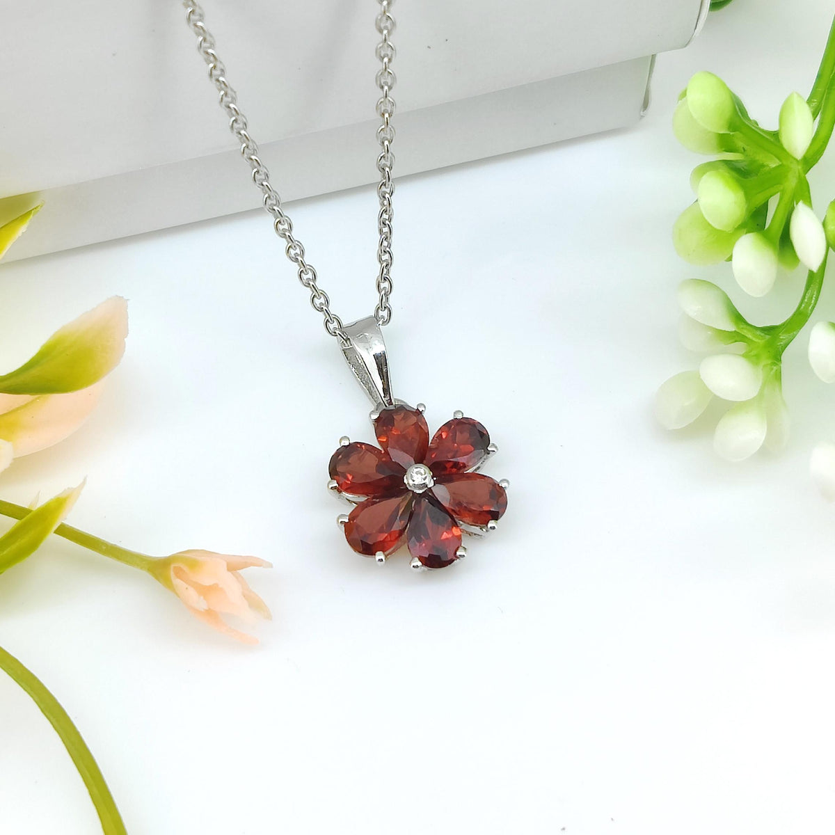 Handmade Sterling Silver Flower Garnet Pendant, January Birthstone, Gifts For Her